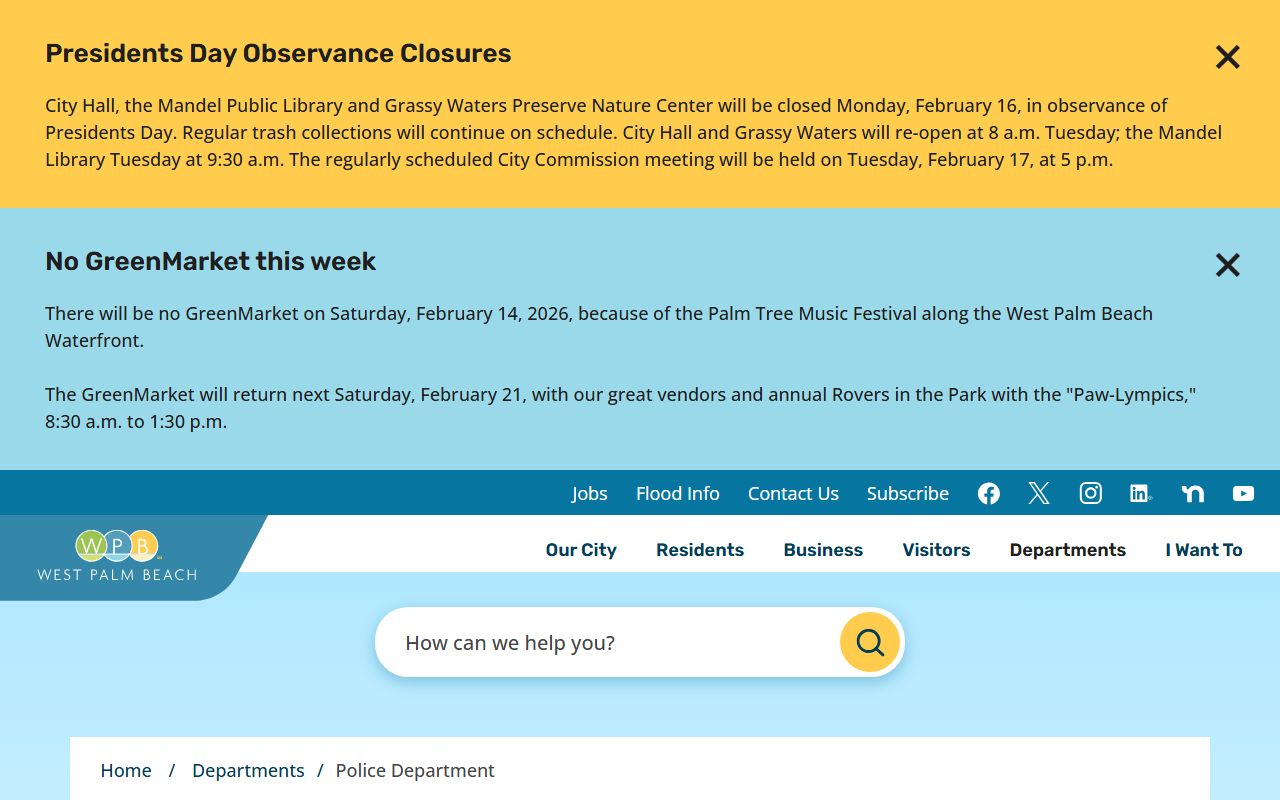 West Palm Beach Police Department website for warrant records information