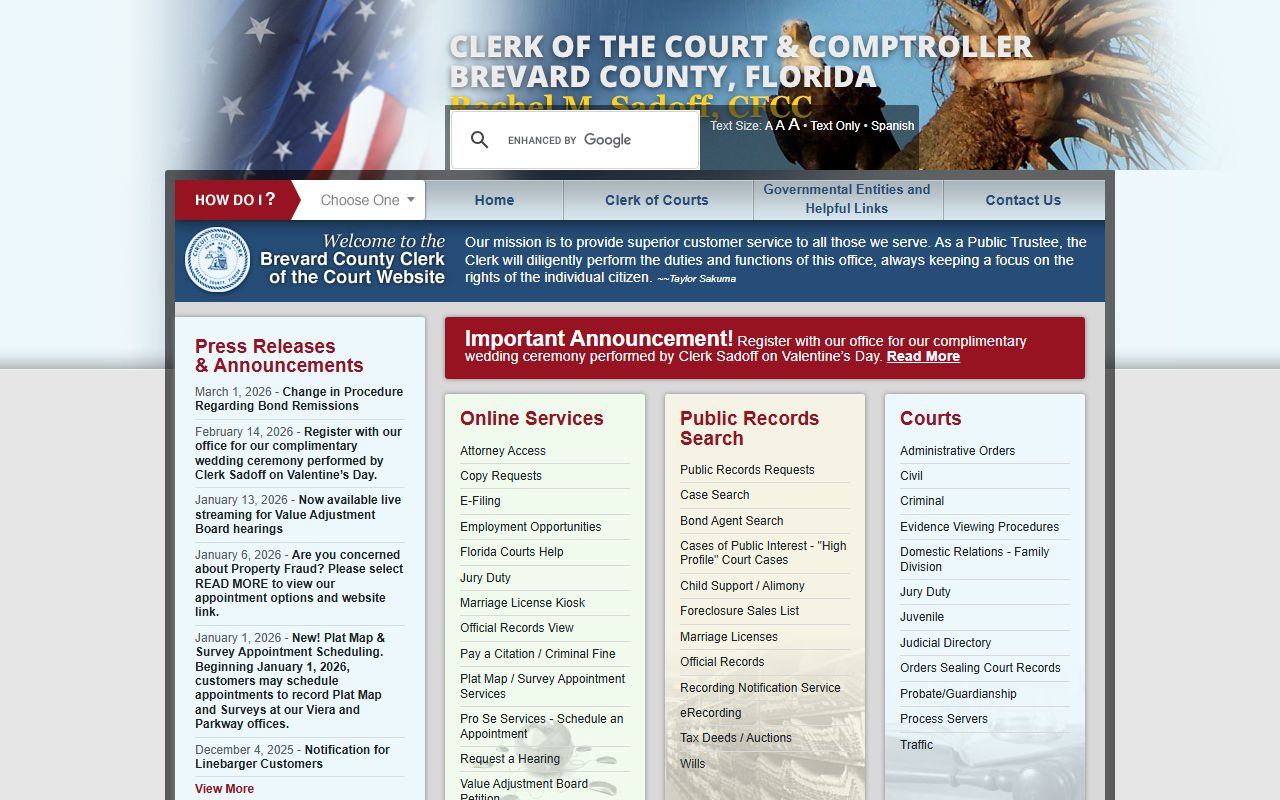 Brevard County Clerk of Courts website for warrant records search