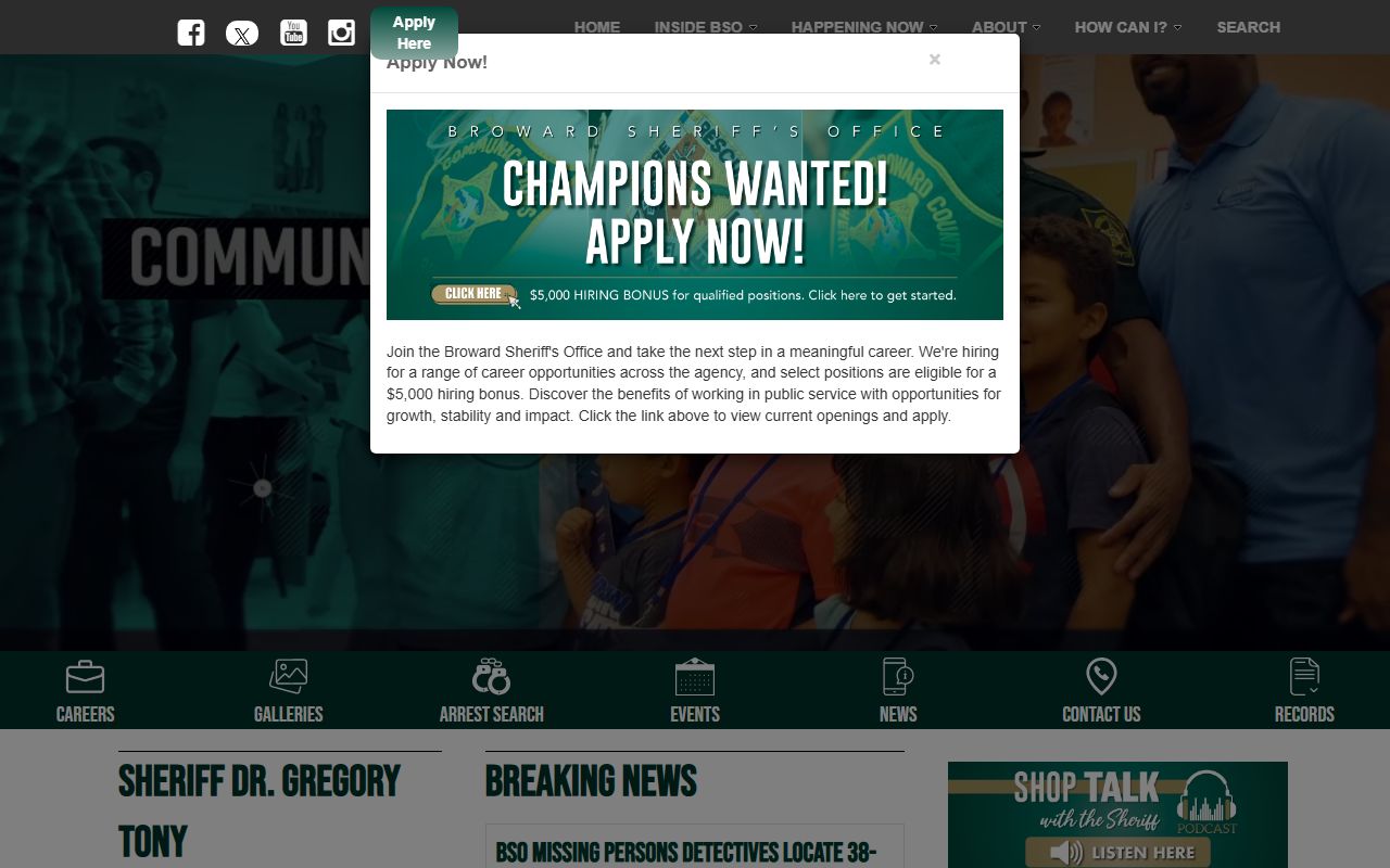 Broward Sheriff's Office homepage for warrant records