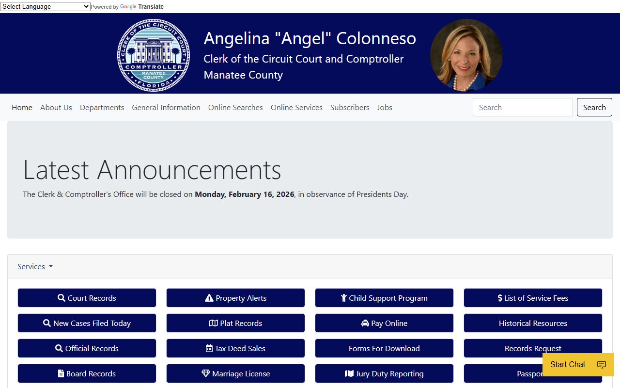 Manatee County Clerk of Court website for warrant records search