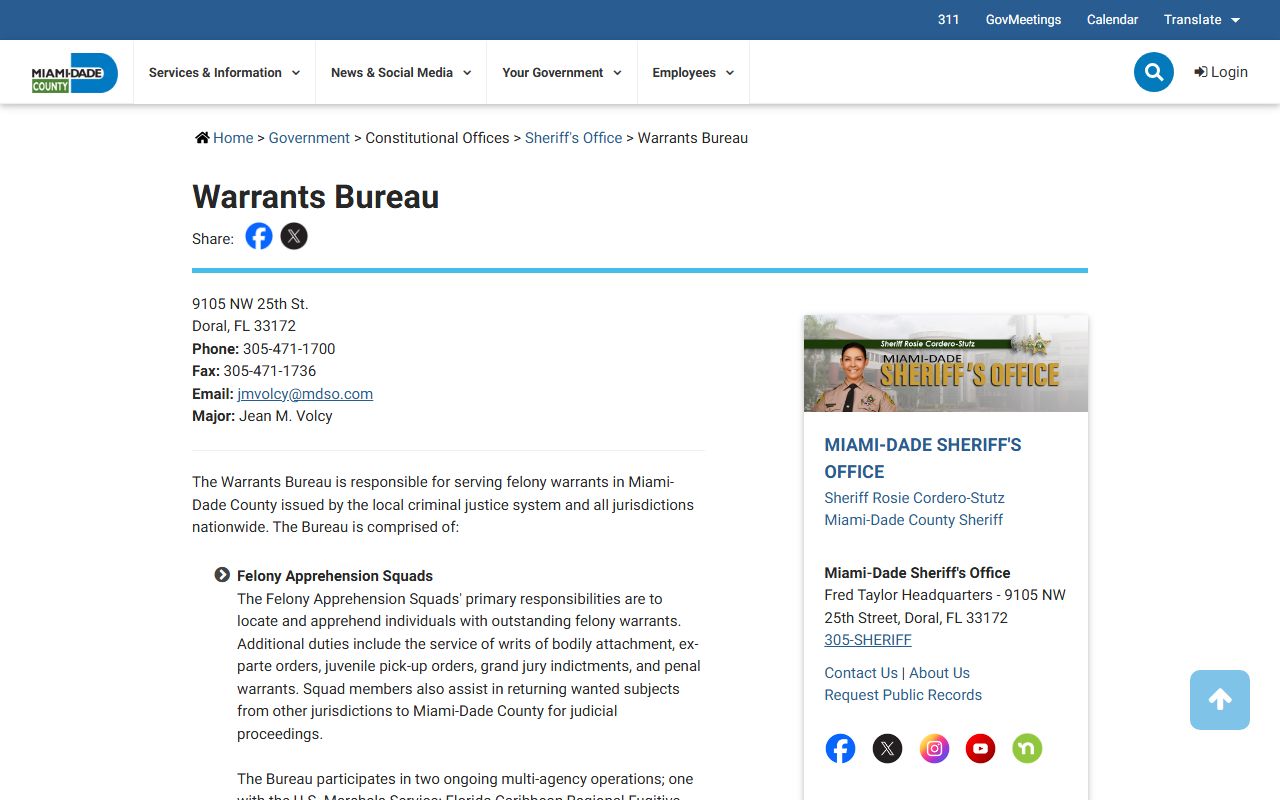 Miami-Dade County Warrants Bureau page for warrant records