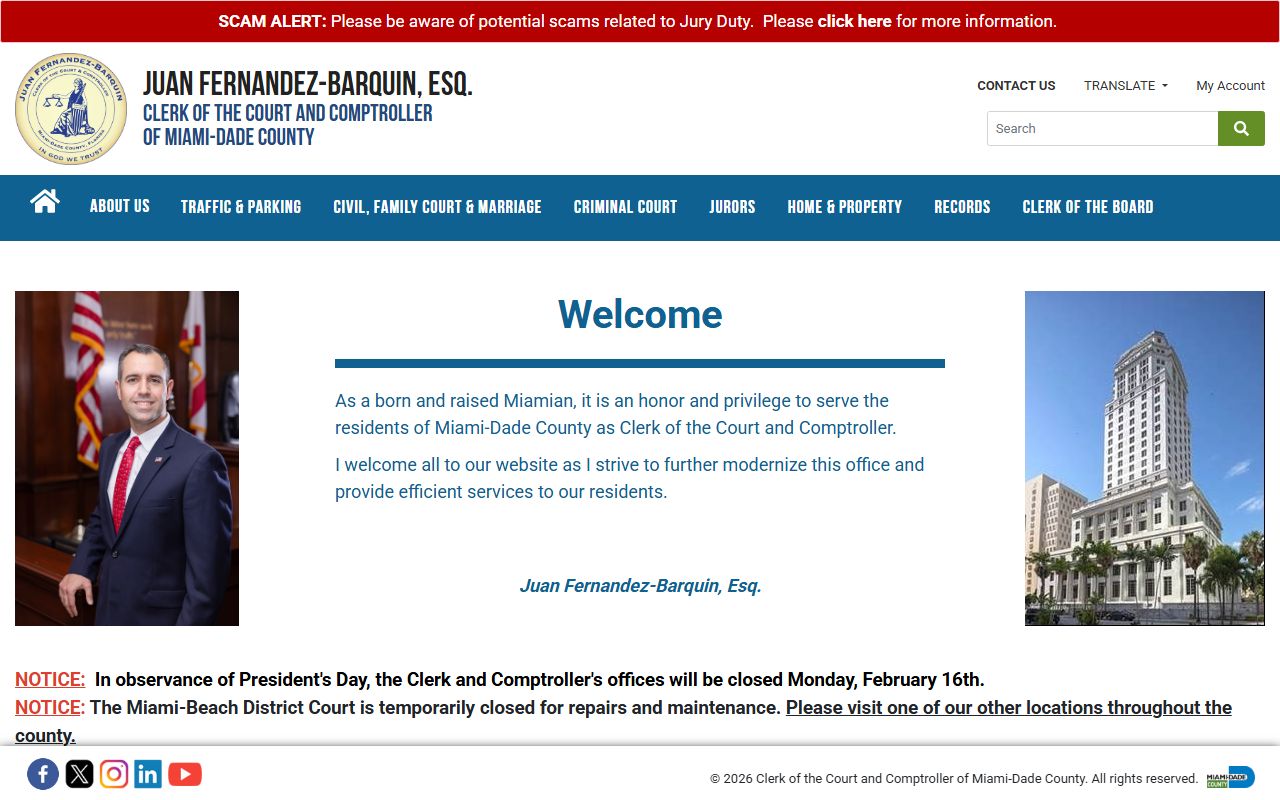 Miami-Dade Clerk of Courts website for warrant records search