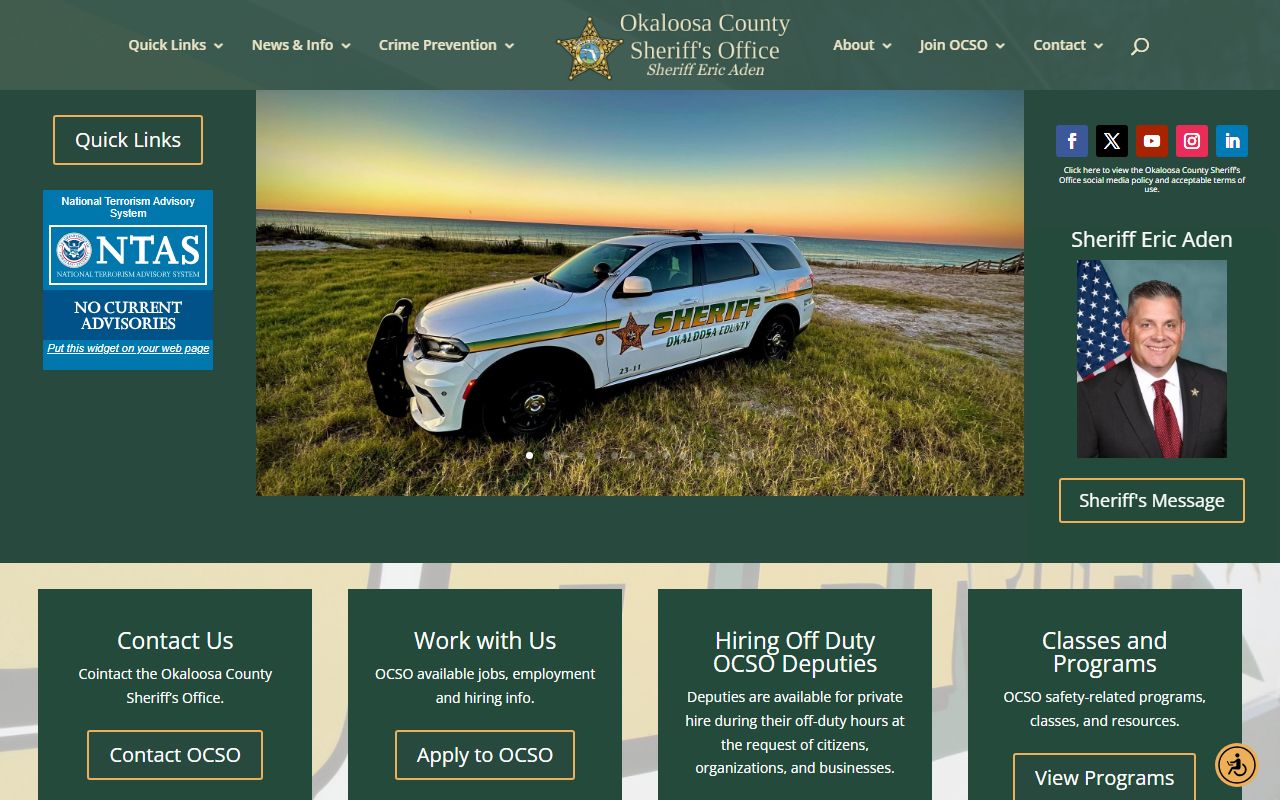 Okaloosa County Sheriff's Office homepage for warrant records