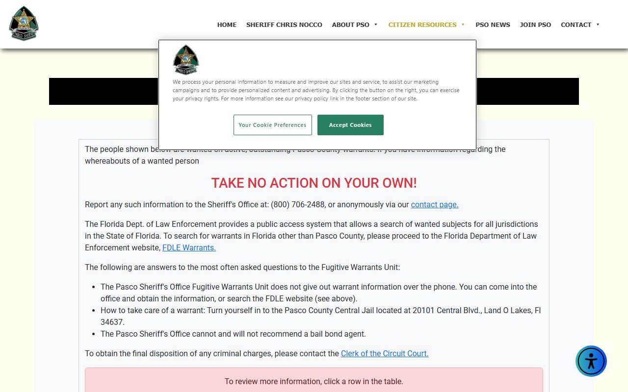 Pasco County Sheriff's Office Active Warrants page for warrant records