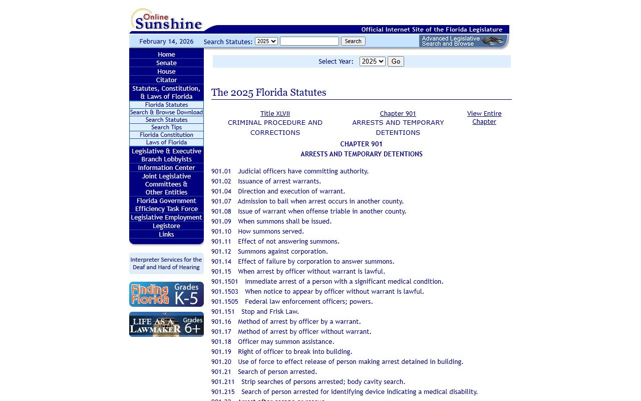 Florida Statutes Chapter 901 covering arrest warrants and law enforcement procedures