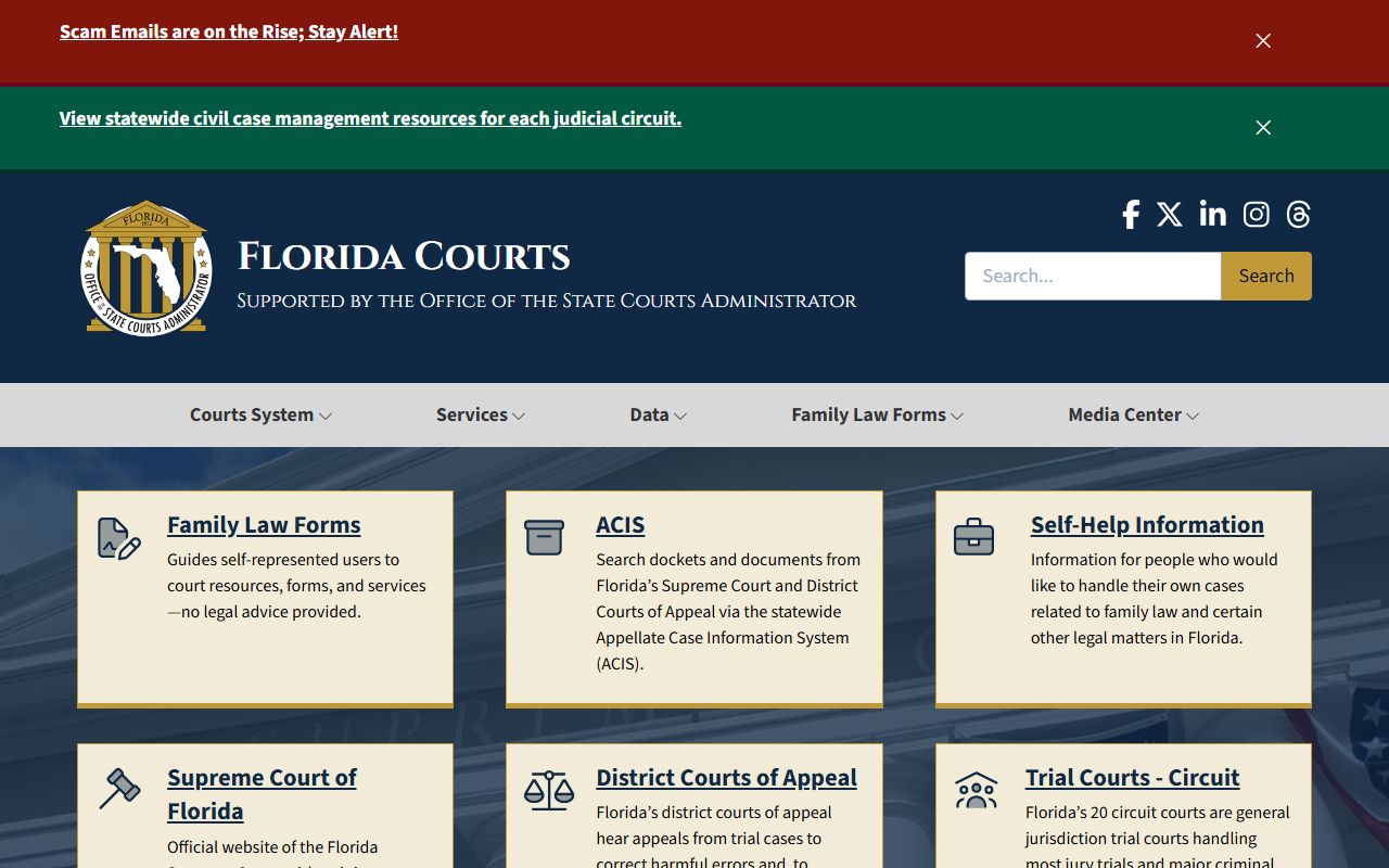 Florida Courts website linking to all 67 county clerk offices for warrant records